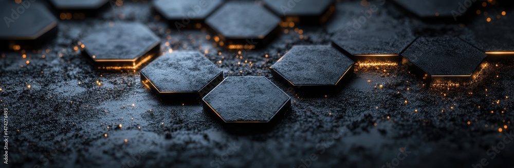 Poster glowing hexagonal pattern on dark textured surface