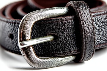 High-quality black leather belt with metallic buckle showcases fine craftsmanship and design details