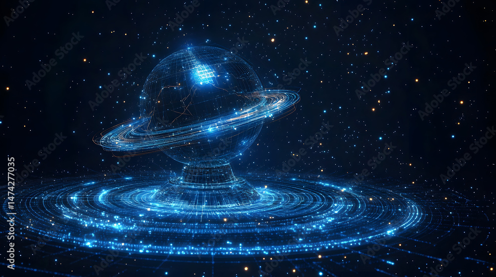 Fototapete futuristic glowing planet design with rings against a starry backdrop. grid-like structure and cosmi
