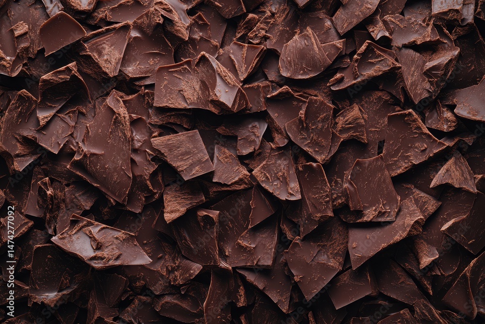 Poster a close up top down view of many pieces of dark chocolate scattered randomly across the entire frame
