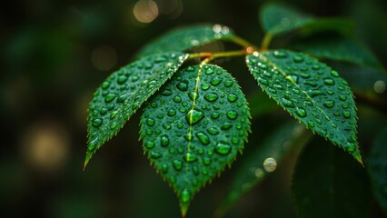 Green leaves covered in water droplets