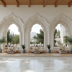 Fototapeta premium Tranquil indoor patio with arched windows overlooking a serene landscape. Relaxing, minimalist design with neutral color palette, wooden accents, and comfortable seating areas