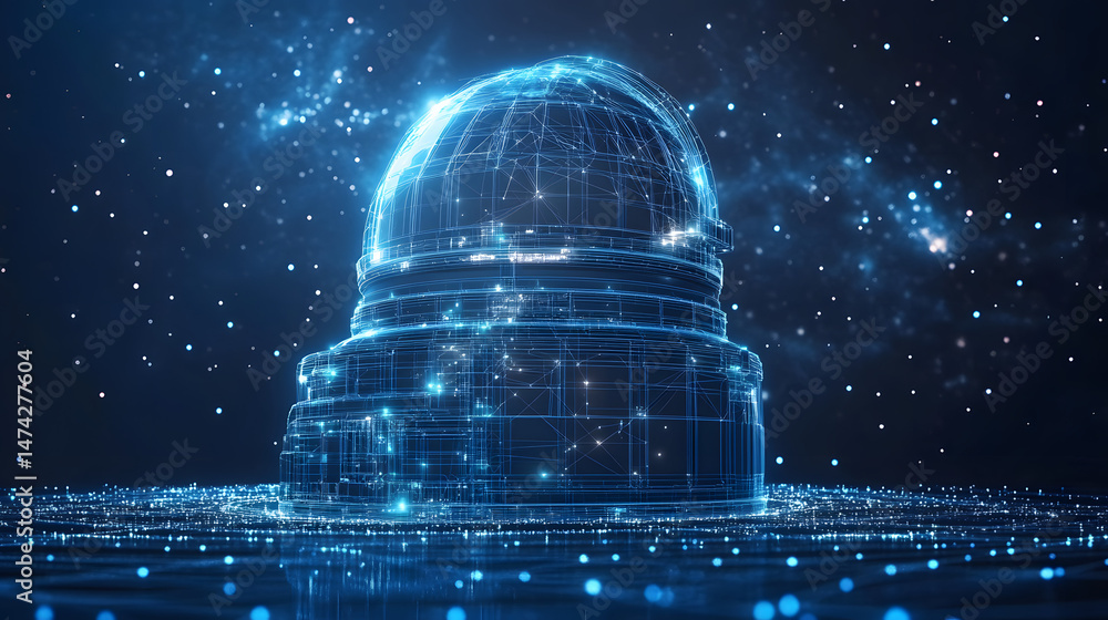 Aufkleber futuristic observatory wireframe glows blue against a starry backdrop. a technological dome atop a c