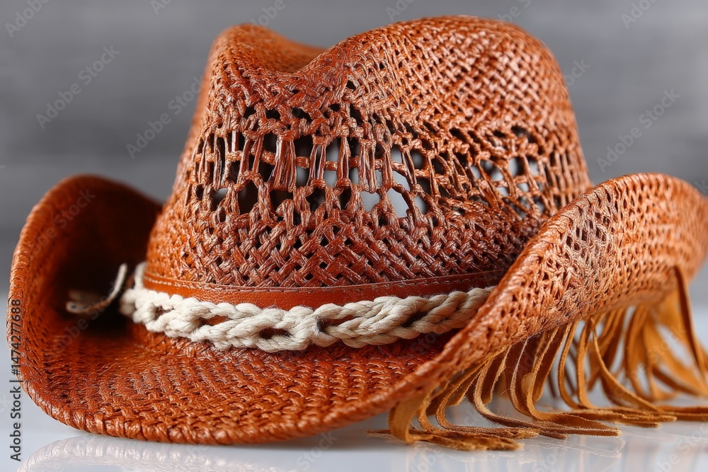 Poster handcrafted straw cowboy hat displayed indoors with a simple style and rustic design
