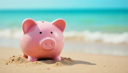 Pink piggy bank standing on sand at beach. Concept save money for vacation. Financial planning, future, investment, savings, retirement, finance, deposit, cash., created with generative ai