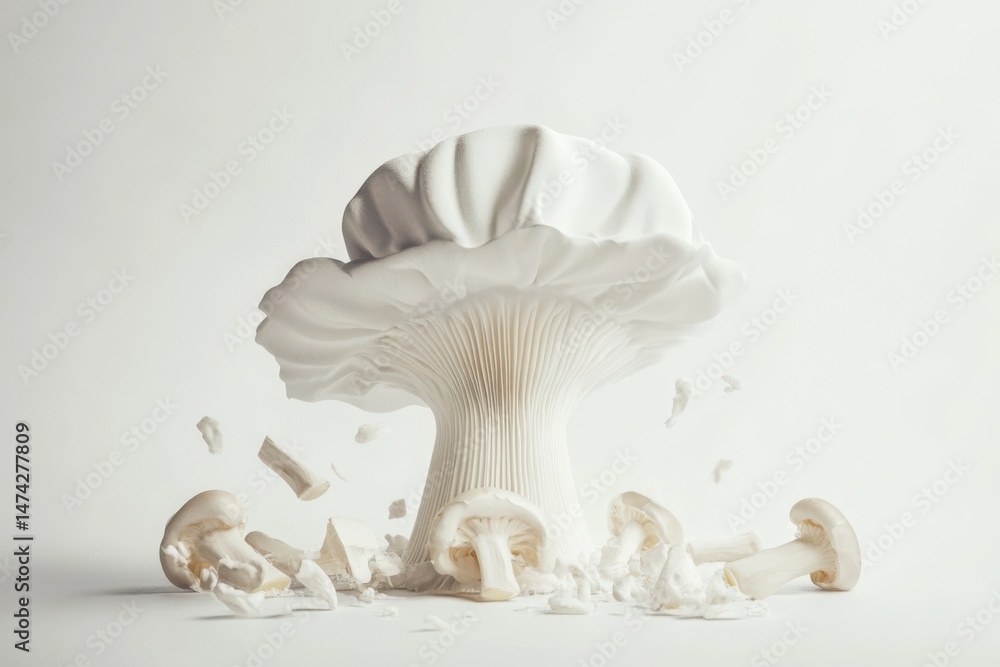 Poster a captivating close up of a large white mushroom with smaller mushrooms and fragments around it on w
