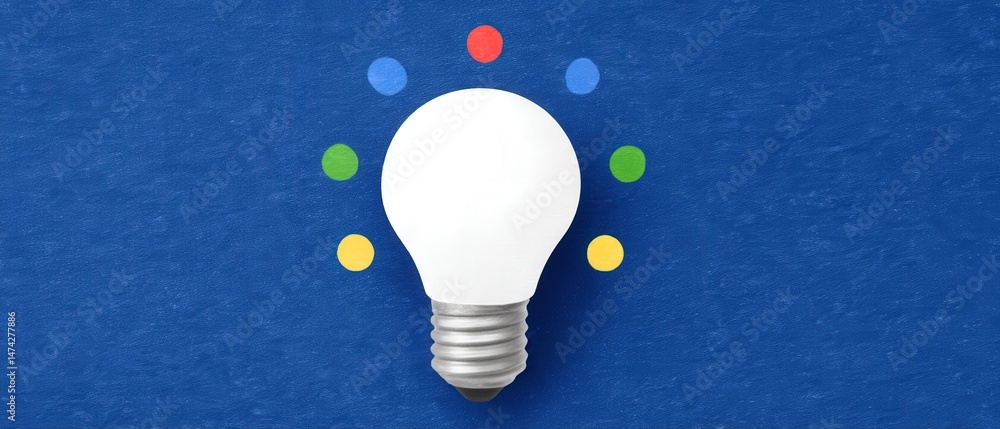 Poster innovative light bulb surrounded by colorful dots creating a vibrant and engaging visual representat