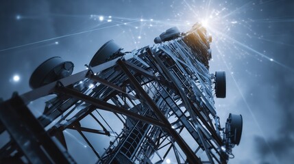 The urban broadband network technology concept is illustrated by a white transmission tower that emits abstract communication signals and provides high-speed mobile internet as a crucial element of