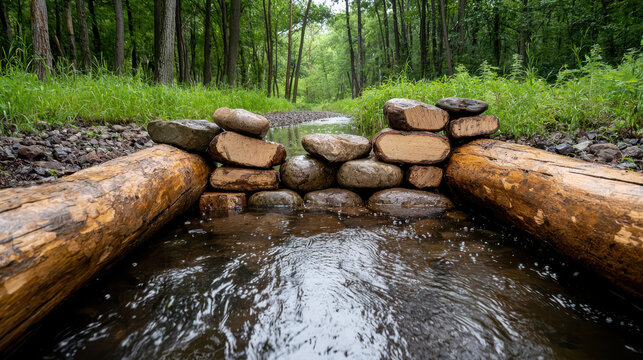 Forest stream with small check dam made of stones and logs, surrounded by lush greenery