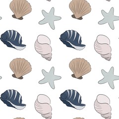 seamless pattern with colored painted shells on a white background
