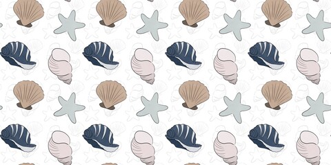 seamless pattern with colored painted shells on a white background