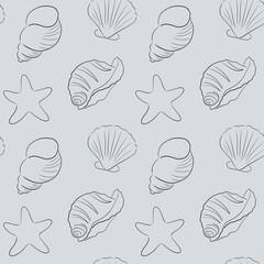 seamless pattern with silhouettes of seashells on a gray background
