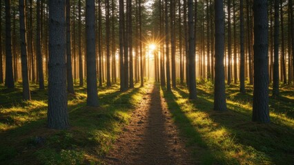 Fototapeta premium Sunlight peeks through the trees in a lush forest.