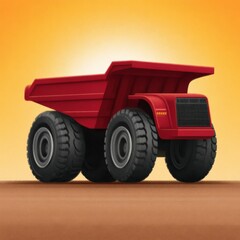 Obraz premium Bright red dump truck with large wheels displayed against a warm sunset backdrop emphasizing heavy machinery design and construction elements captured with clarity