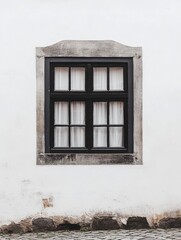 Exterior view of a window with black frame and white curtains on a white wall in Portugal, eye level shot