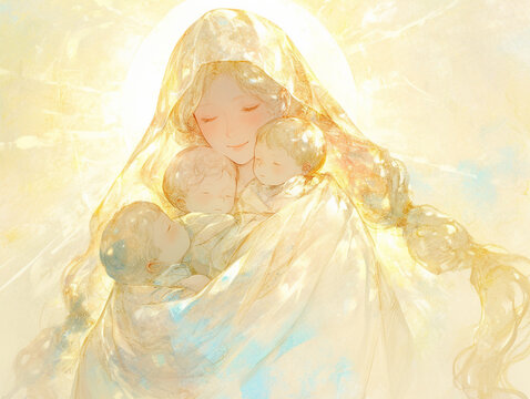 A Protective Goddess Wrapping Children in a Luminous Veil of Light &ndash; Soft Watercolor Style for Healing, Spiritual, and Mystical Art Needs