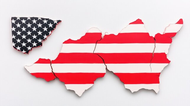 A broken map of the USA painted with the American flag, symbolizing division or separation within the country.