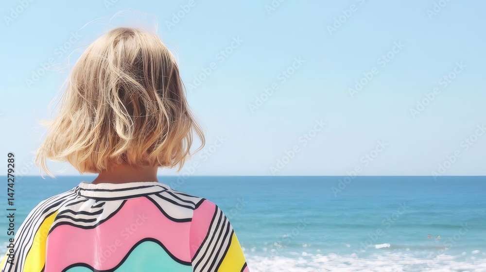Aufkleber 青い海と空を背景にカラフルなシャツを着て振り返るブロンドの髪の若い女性 背面図 夏の日の太陽の下でリラックスした休暇