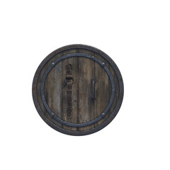 Rustic wooden shield from a perspective view on a white background.