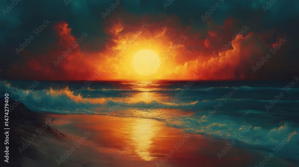 Aufkleber 鮮やかなオレンジ色の夕日の海の風景、暖かい光と反射が波にきらめき、砂浜の海岸線に沿って平和な背景