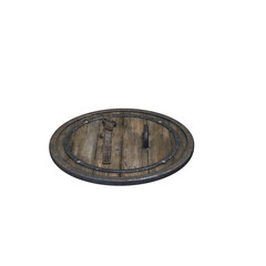 Rustic wooden shield from a perspective view on a white background.