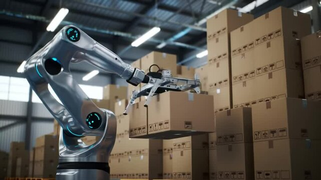 Robot arm efficiently handling packages in modern warehouse setting