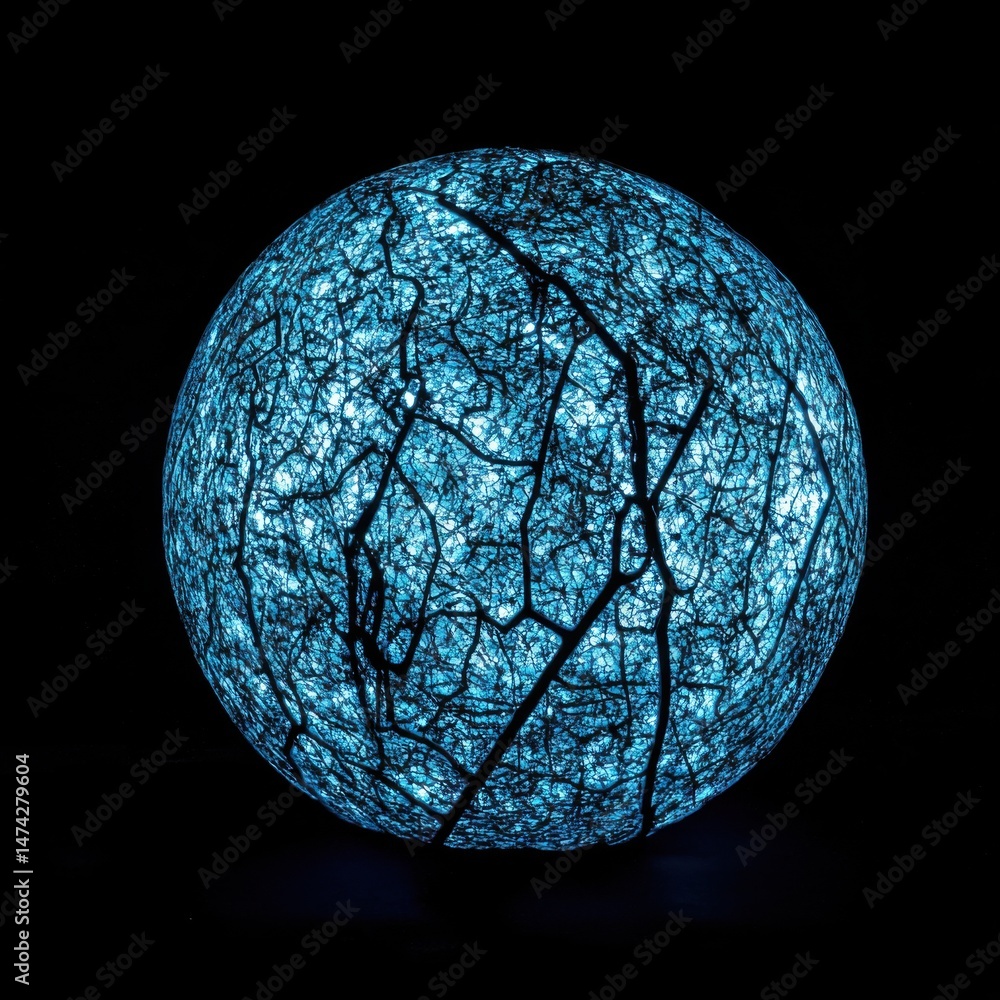 Wall mural glowing blue sphere with vein-like patterns on black background studio shot abstract concept