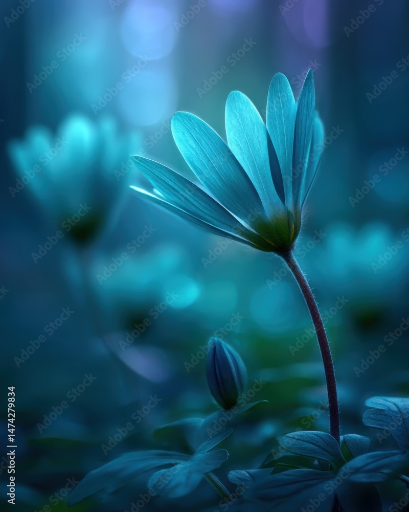 Poster close-up of a delicate blue anemone flower blooming in a tranquil forest setting with soft bokeh bac