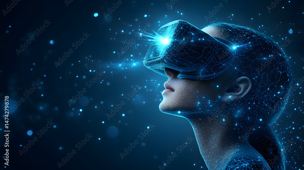 Aufkleber futuristic vision of virtual reality with a woman immersed in a digital world. glowing blue lines de