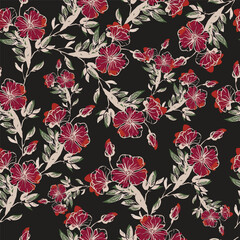 Seamless pattern: stylized red flowers, green leaves & cream branches on a dark background. Bold graphic illustration with strong contrast. Modern floral design for striking fabric & wallpaper