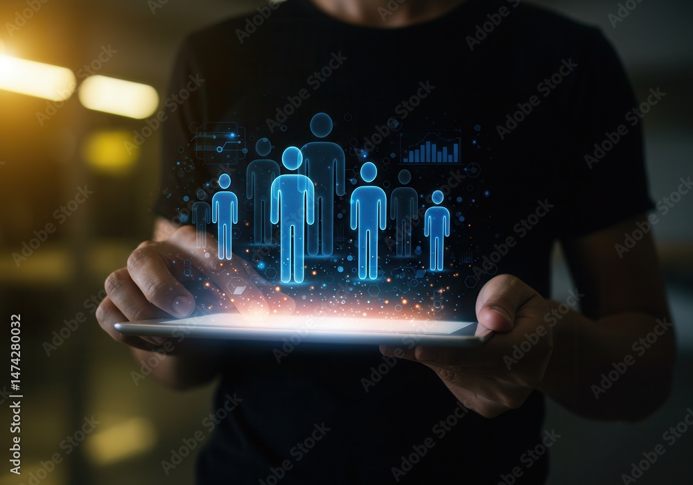 Aufkleber man holding tablet displaying digital human figures and data analytics