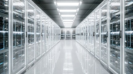 Server room with rows of equipment racks and bright overhead lighting.