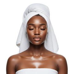 Woman with towel on head isolated on transparent background
