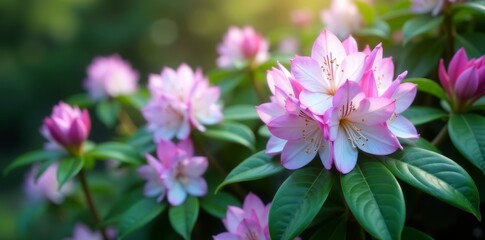 Fototapeta premium Beautiful rhododendron plant with white and purple flowers in full bloom, flowers, outdoor