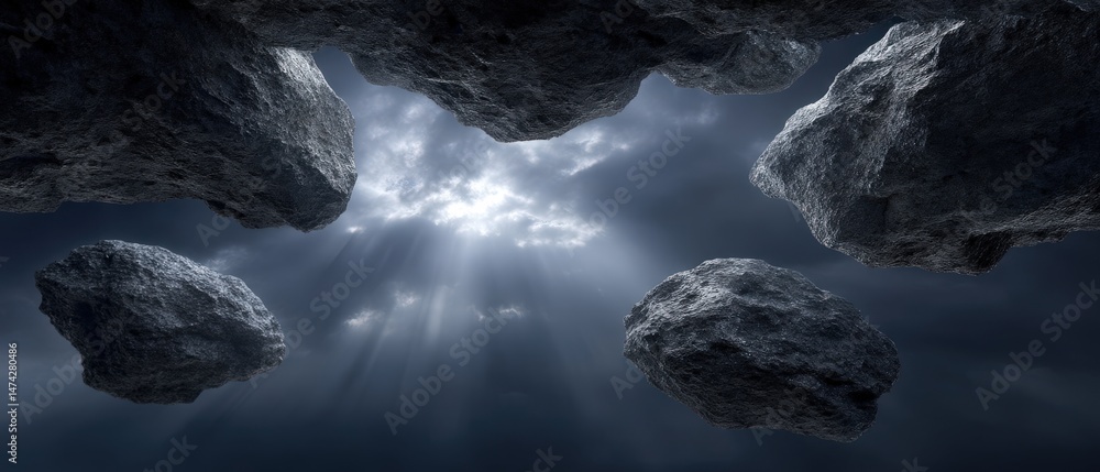 Poster dark atmospheric scene with floating rocks illuminated by beams of light creating a striking visual 