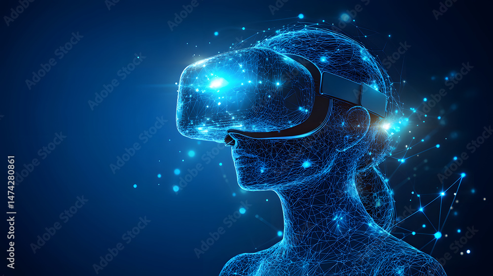 Poster Futuristic VR experience depicted with a wireframe model and sleek headset. Immersive digital world and technological connectivity. Abstract wireframe in dark blue.