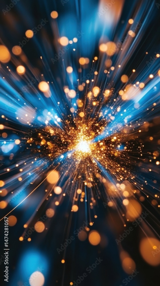 Canvas Prints abstract light burst radiating from center in blue and gold tones with bokeh effect, vertical view