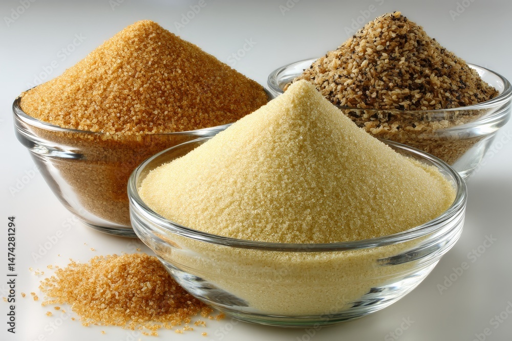Aufkleber different types of sugar and sweeteners displayed in glass bowls for culinary use in kitchen setting