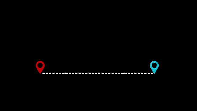 Two location pins connected by a dashed line animated on background. location pins connected by a dashed line icon 4k animated