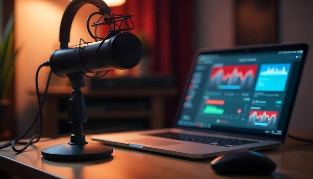 home studio podcast gadget interior, Microphone and laptop for on air live streaming on the table, ready for on air live streaming., created with generative ai