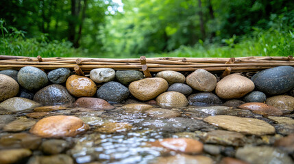 Low angle view of wooden weir with smooth stones in tranquil stream surrounded by greenery