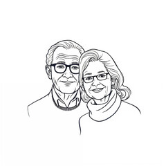 Line Art Elderly Couple, Happy Portrait, Smiling Against White Background with copy space