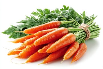 Freshly harvested carrots with green tops arranged neatly on a white background