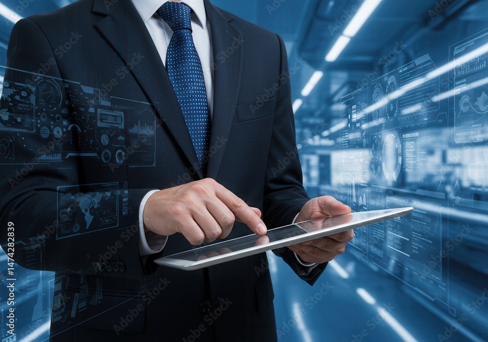 Aufkleber businessman using tablet with digital interface in a futuristic setting