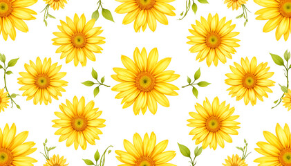 Bright yellow sunflower pattern on a white background, creating a fresh, cheerful, and seamless floral design.