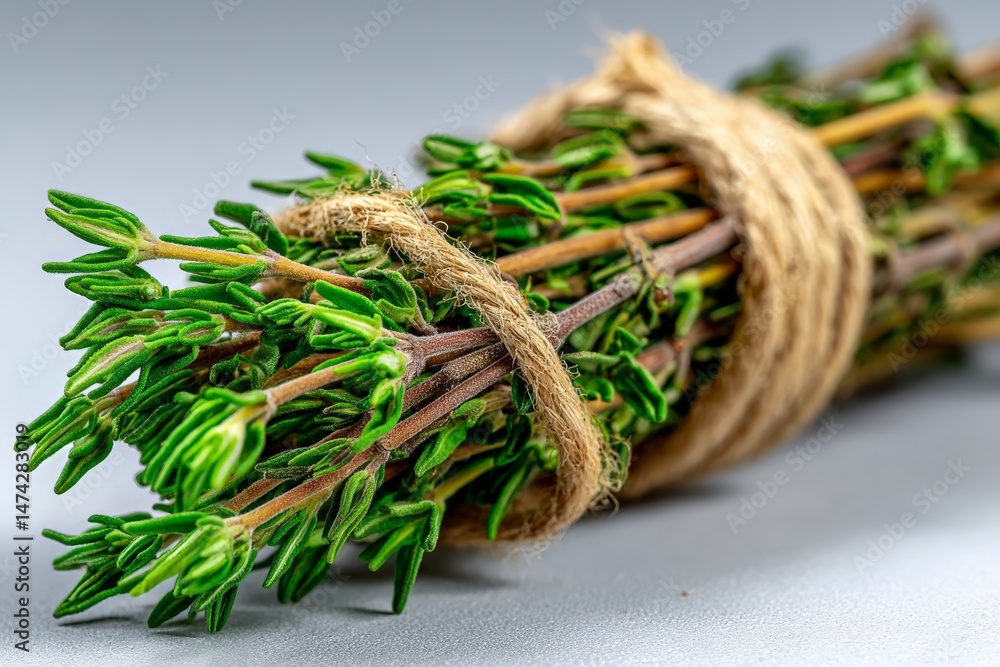 Poster freshly harvested thyme bundle ready for culinary use and aromatic seasoning in a kitchen setting