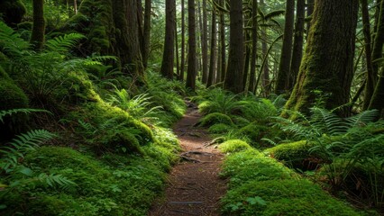 Fototapeta premium Lush trail through green, mossy forest.
