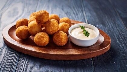 famous food of spanish concept crispy fried balls served with creamy dip on a wooden platter