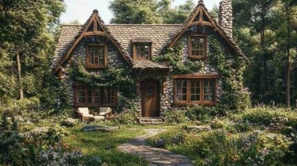 Ivy Covered Stone Cottage in a Sunlit Garden