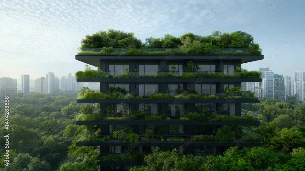 Poster modern architecture featuring building with greenery in urban nature setting